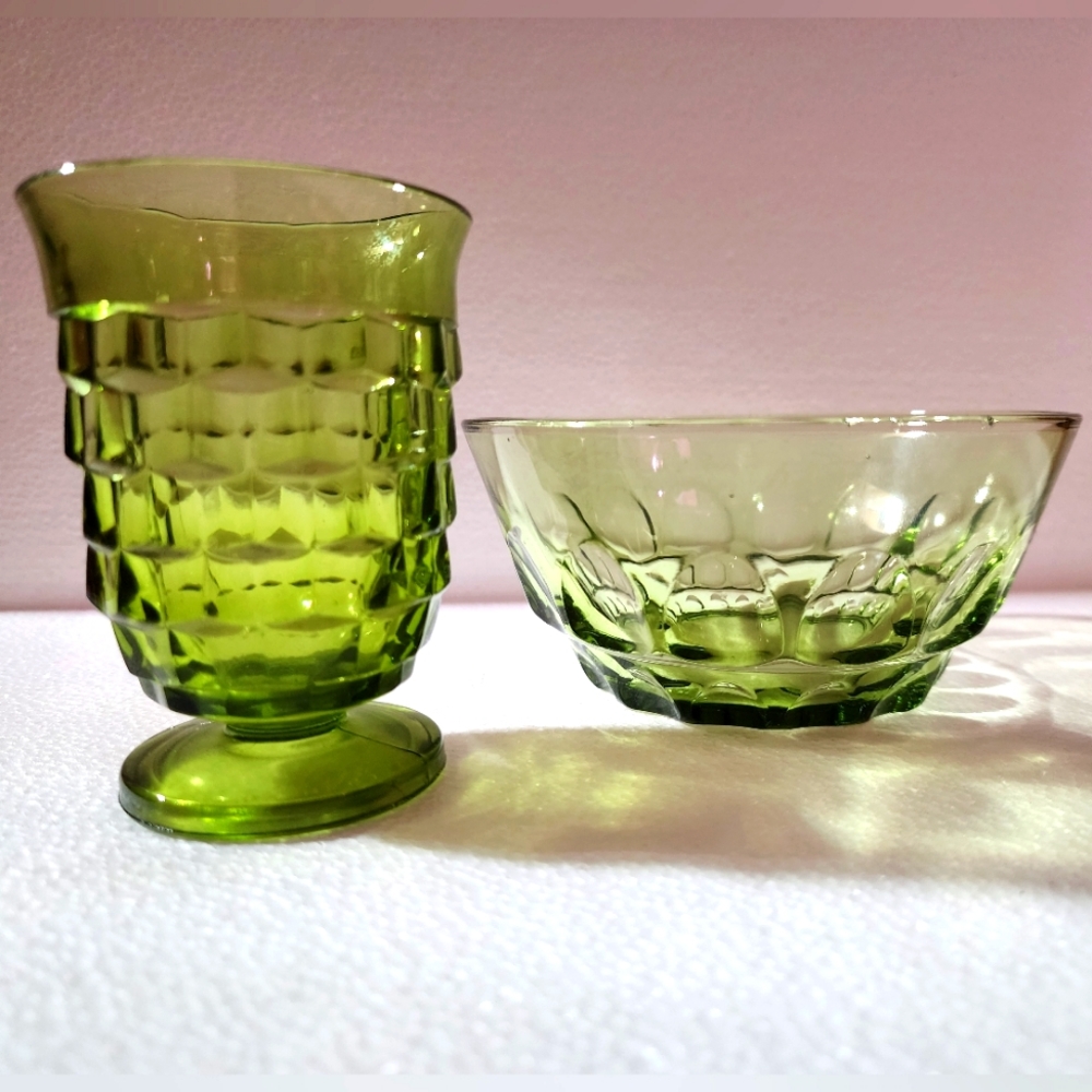 Vintage Avocado Green Glass Juice Cup and Bowl